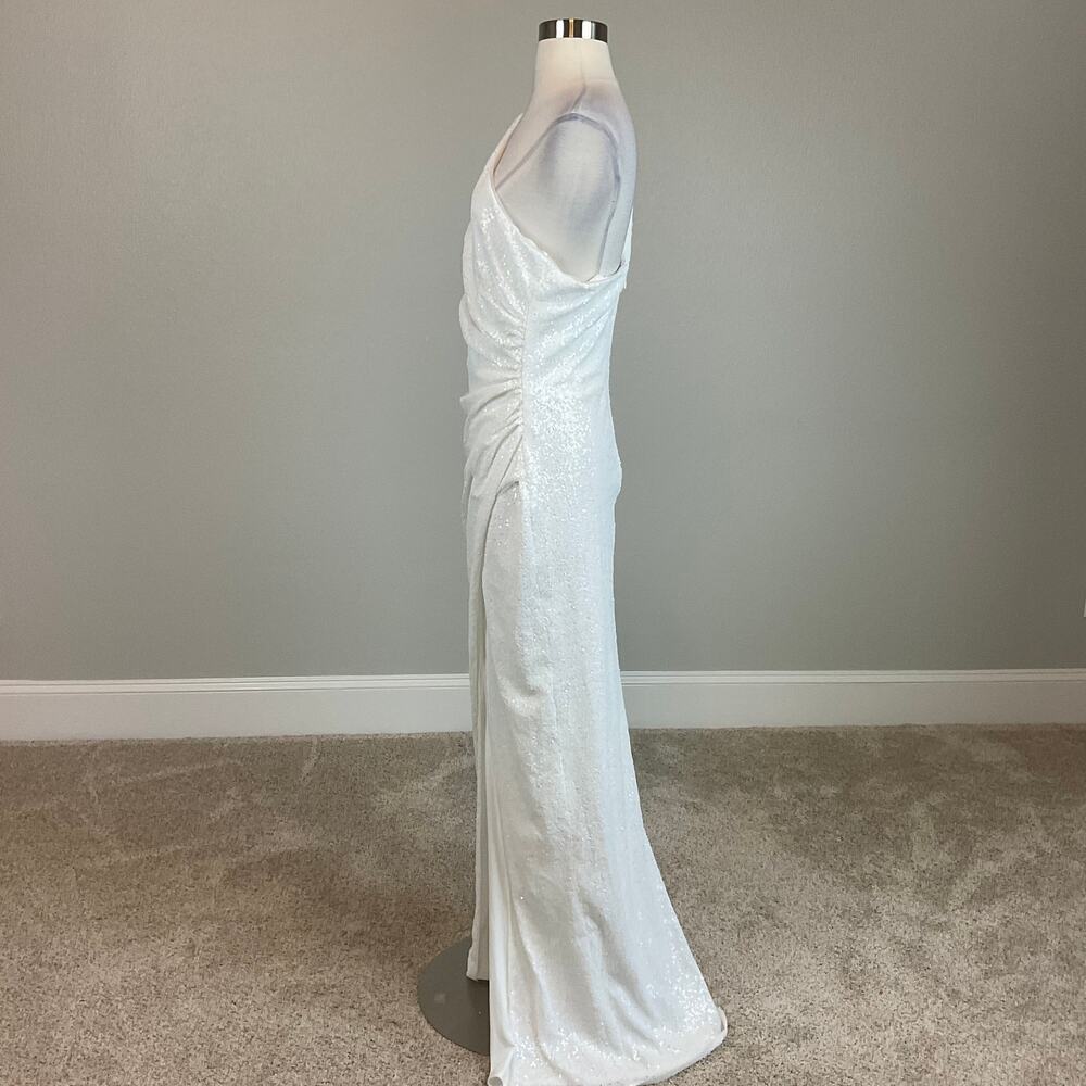 AQUA White Evening Gown Sequin One Shoulder Thigh Slit Long Formal Column Dress - Picture 8 of 12